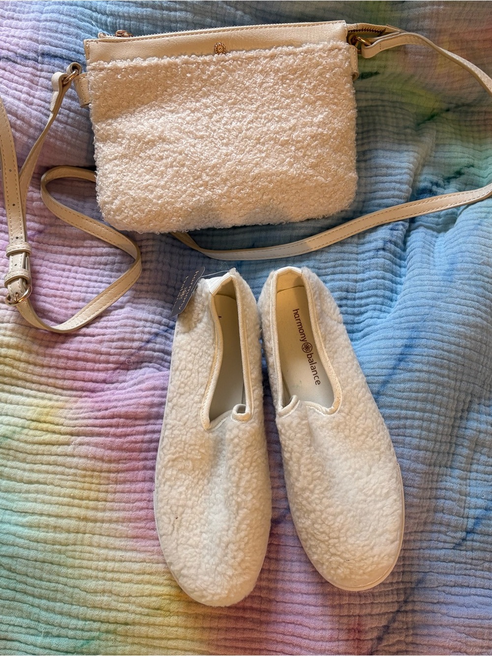 Women's Cream fleece slip on sneakers with matching purse